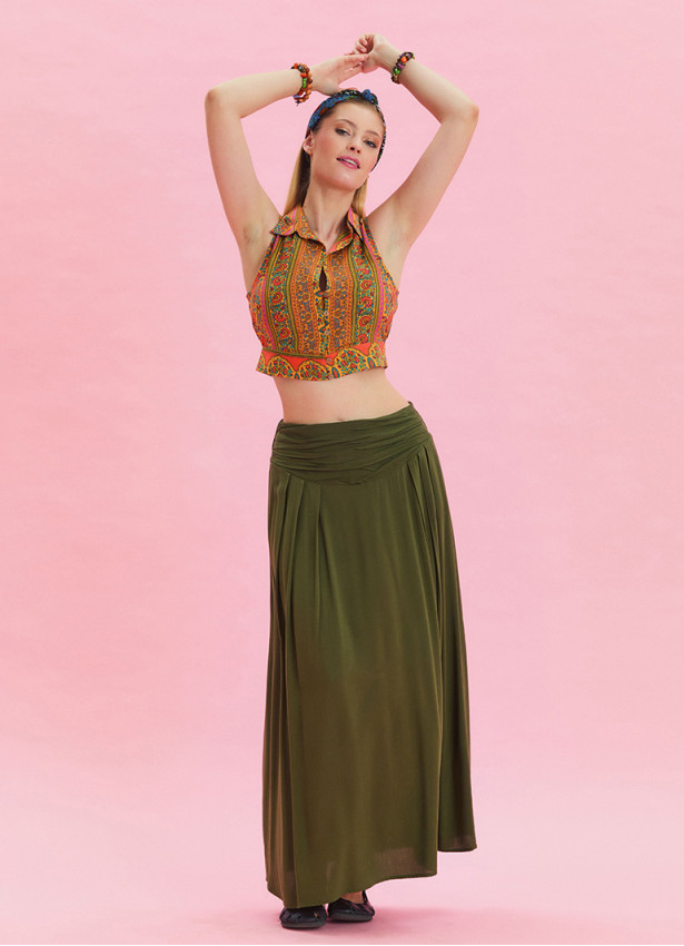 Khaki Bohemian Skirt with Elastic Waist and Drape Detail 4494